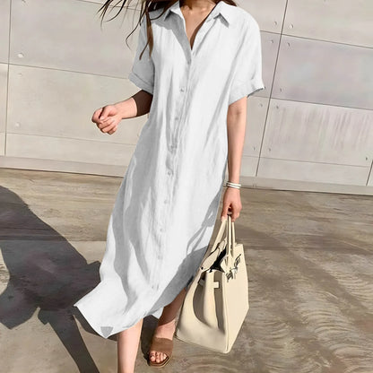 2024 Summer Cotton And Linen Korean Women's Long Dress Casual Vintage Loose Lace Waist Single-Breasted Short Sleeve Midi Dresses