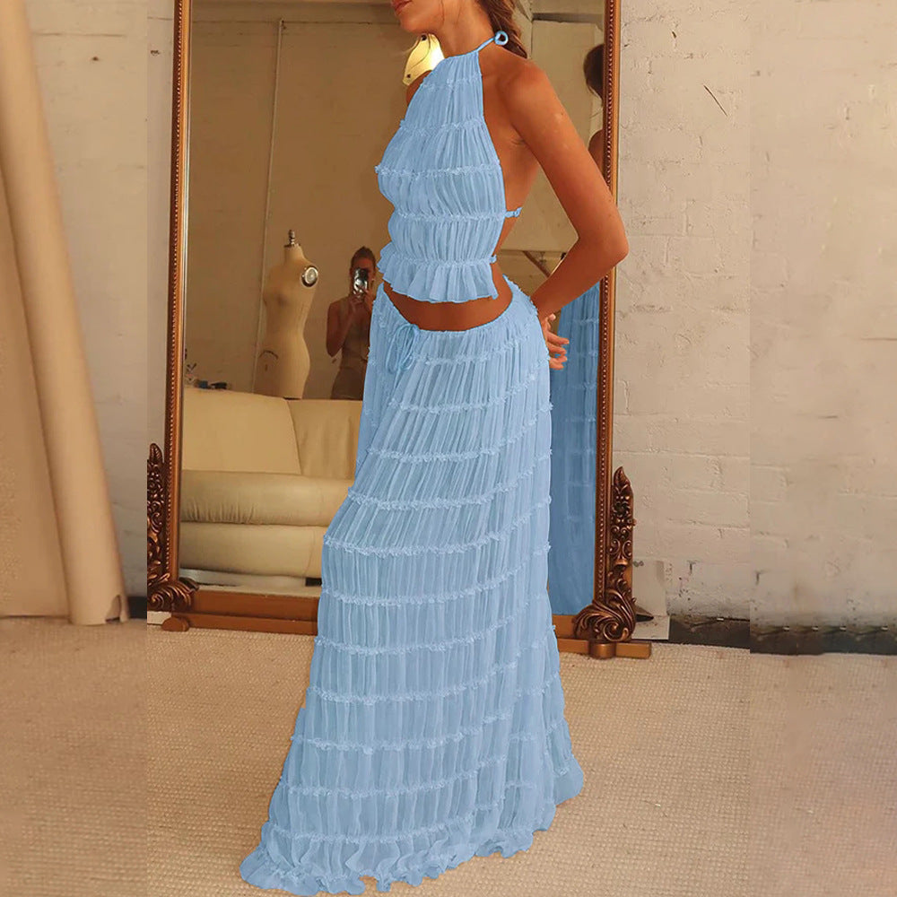 2pcs Women's Dress Suit Sexy Sleeveless Backless Cropped Halter Top And Pleated Long Skirt Beach Clothing Vibrant Vaults