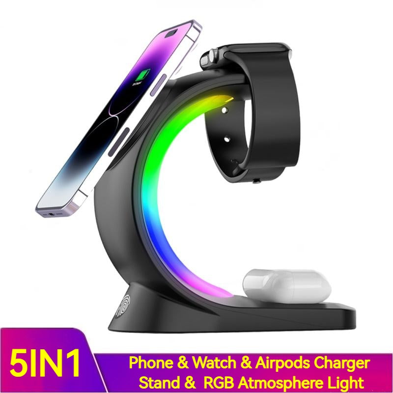 4 In 1 Magnetic Wireless Charger Fast Charging For Smart Phone Atmosphere Light Charging Station For Airpods Pro I-phone Watch Vibrant Vaults