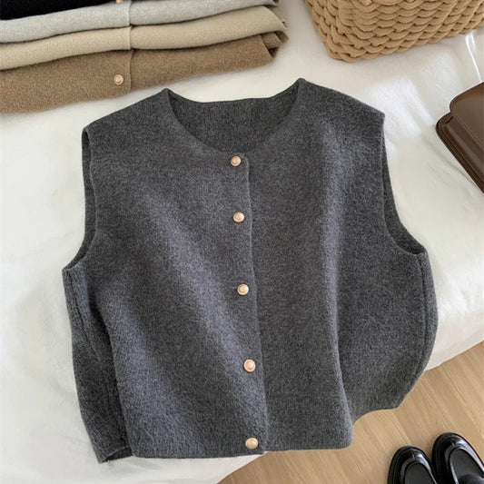 Autumn New Women Cardigan Korean Elegant Knitted Sleeveless Female Casual Sweater Tanks Fashion New Slim Ladies Casual Tops Vibrant Vaults