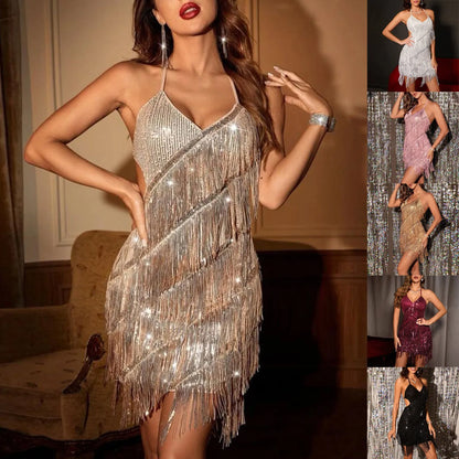 Dresses For Women 2024 Spaghetti Strap Solid Color Backless Tassel Glitter Sparkly Sequin Dress For Women Shiny Women's Dress