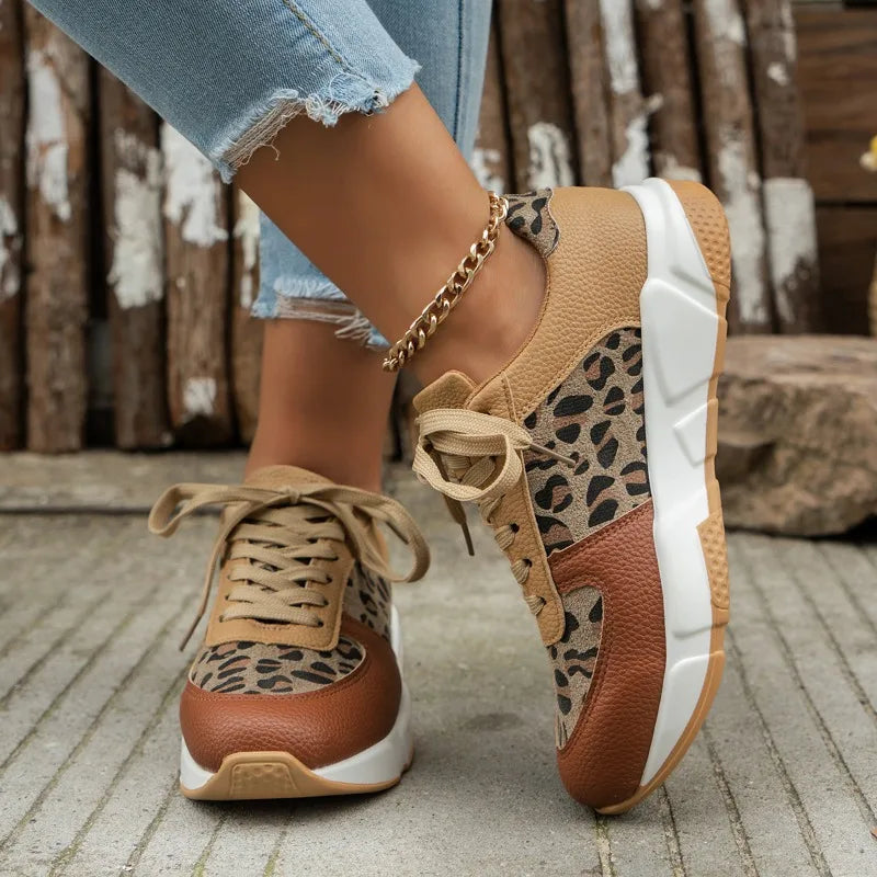 Women Casual Platform Shoes 2024 Round Toe Low-top Leopard Wedge Sneakers Women Comfortable Lace Up Outdoor Shoes for Women