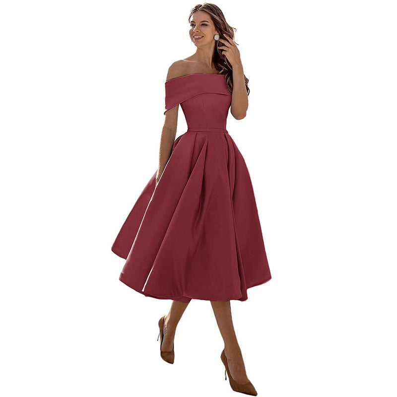 Women's Fashion Casual Strapless Satin Party Dress Off The Shoulder Tea Length Satin Prom Dresses With Pockts Formal Evening Party Dress Vibrant Vaults