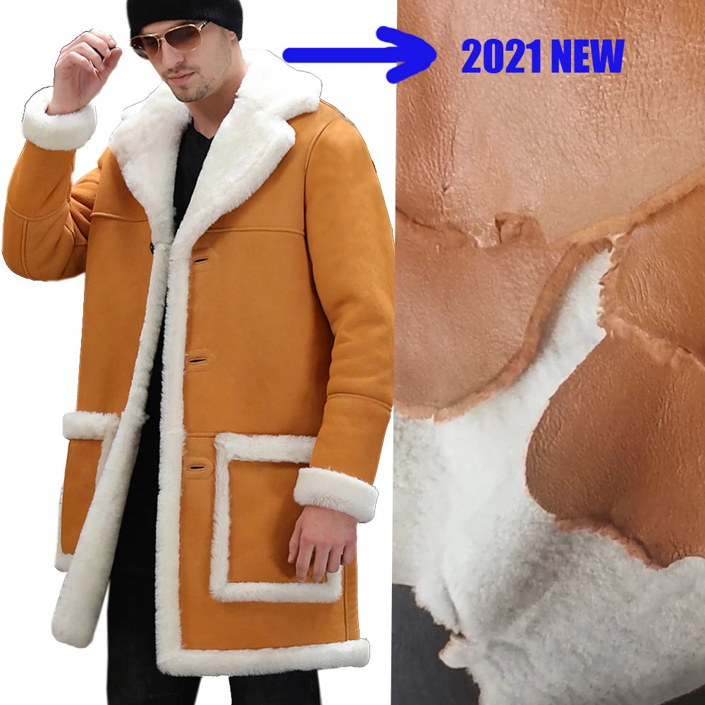 Soft Comfortable Sheepskin Fur Shearling Coat Yellow Winter Medium Long Real Fur Coat Men Warm Genuine Leather Suedue Jackets