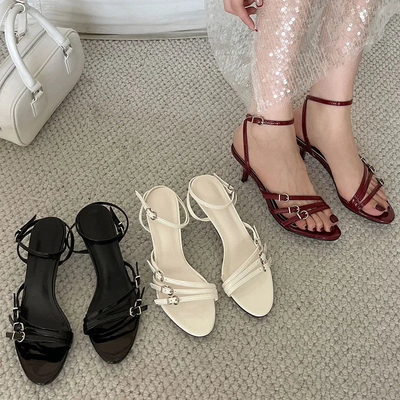 Big Size Fashion Buckle Strap Ladies Thin Heels Pumps Sandals Shoes Female Round Toe Women Medium Heels Shoes Wine Red Footwear