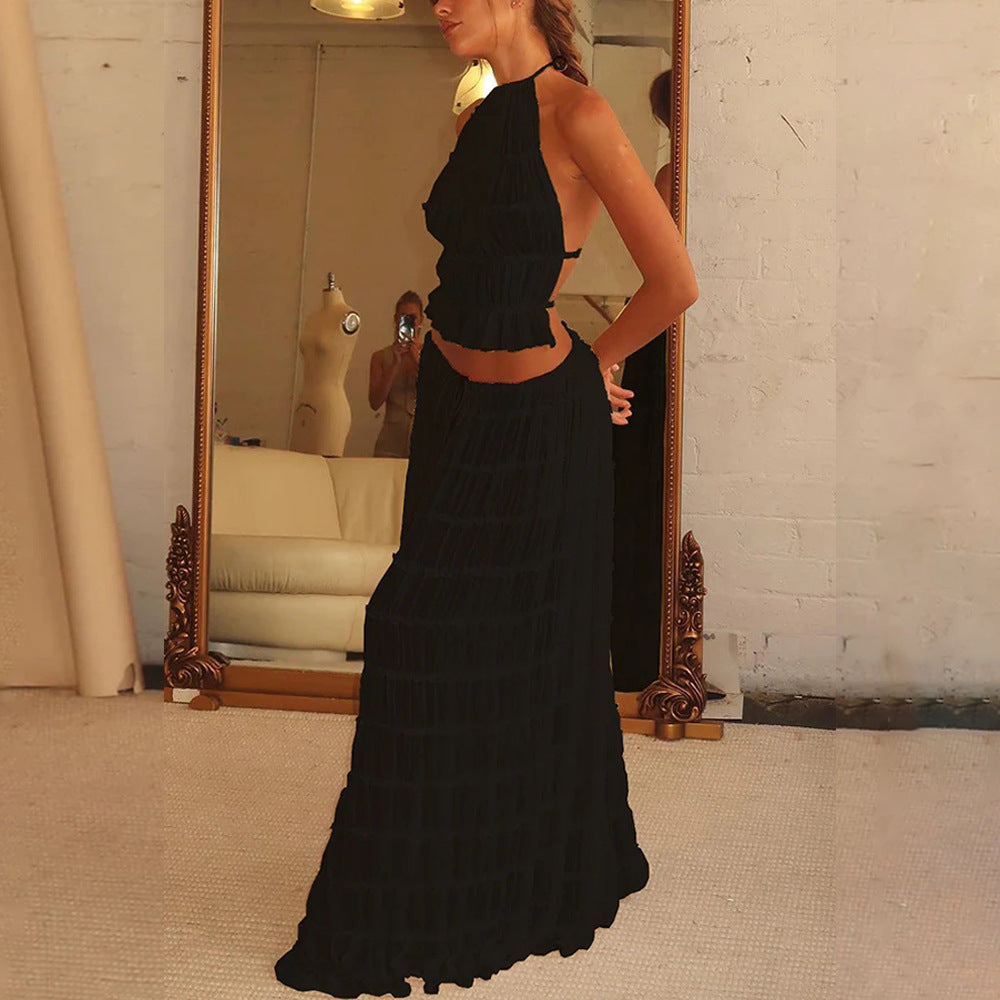 2pcs Women's Dress Suit Sexy Sleeveless Backless Cropped Halter Top And Pleated Long Skirt Beach Clothing Vibrant Vaults