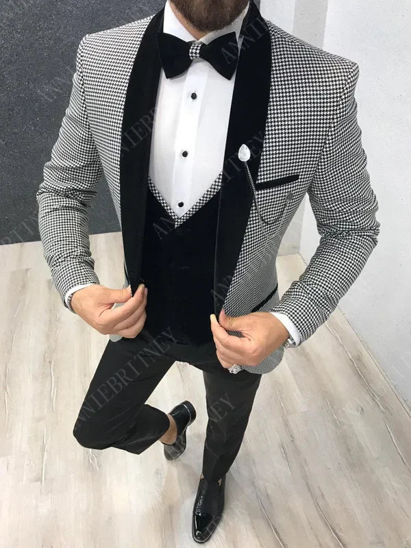 ANNIEBRITNEY Fashion Houndstooth Men's Suits Set Slim Fit Groom Tuxedos for Wedding Prom Formal Jacket Pants Suits for Men 2024