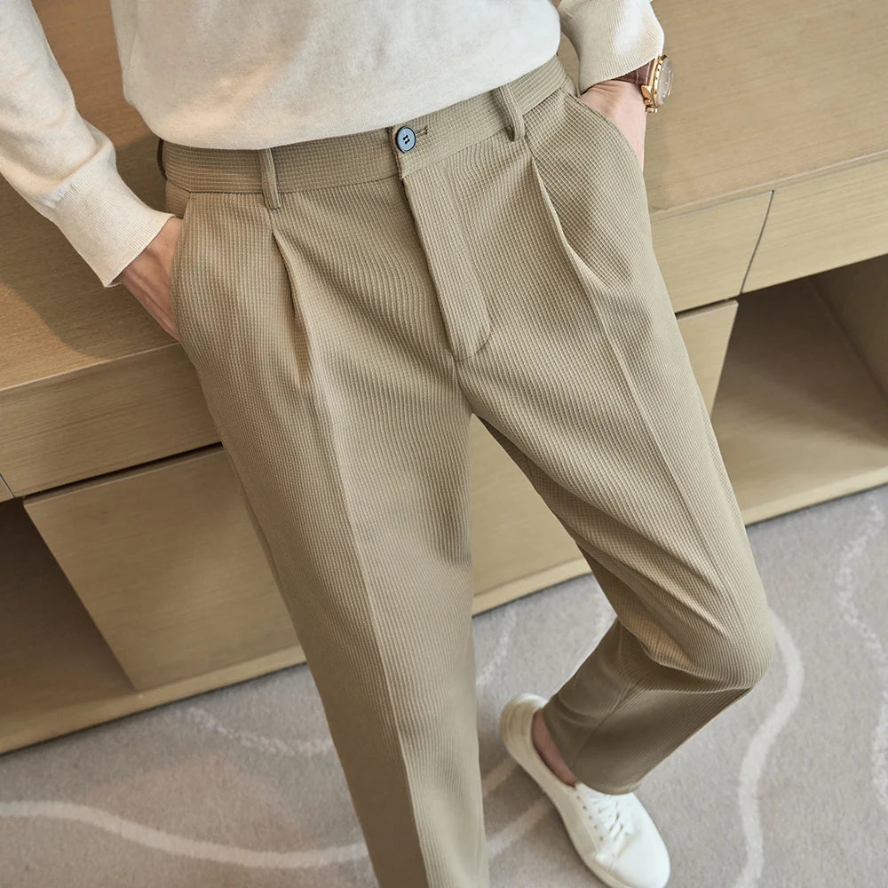 Autumn Winter Woolen Business Casual Suit Pants Men Fashion Particle Stripes Slim Fit Long Trousers Male Black Khaki Beige