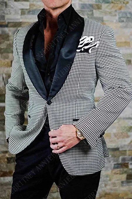 ANNIEBRITNEY Fashion Houndstooth Men's Suits Set Slim Fit Groom Tuxedos for Wedding Prom Formal Jacket Pants Suits for Men 2024