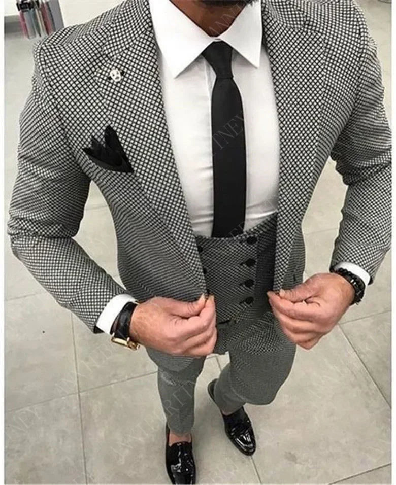 ANNIEBRITNEY Fashion Houndstooth Men's Suits Set Slim Fit Groom Tuxedos for Wedding Prom Formal Jacket Pants Suits for Men 2024