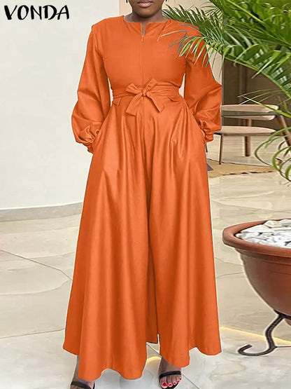 Plus Size VONDA 2024 Autumn Women Elegant Long Jumpsuit Rompers Long Lantern Sleeve Zipper Solid Casual Wide Leg Pants Belted