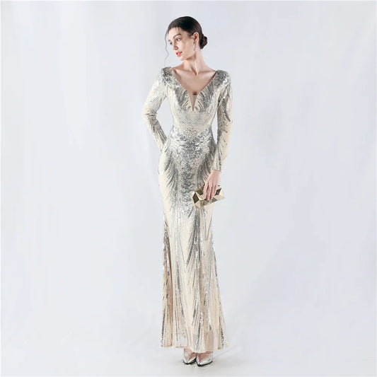 Women's V Neck Long Sleeve Elegant Sequin Floral Mermaid Bodycon Formal Party Gown Evening Maxi Dress