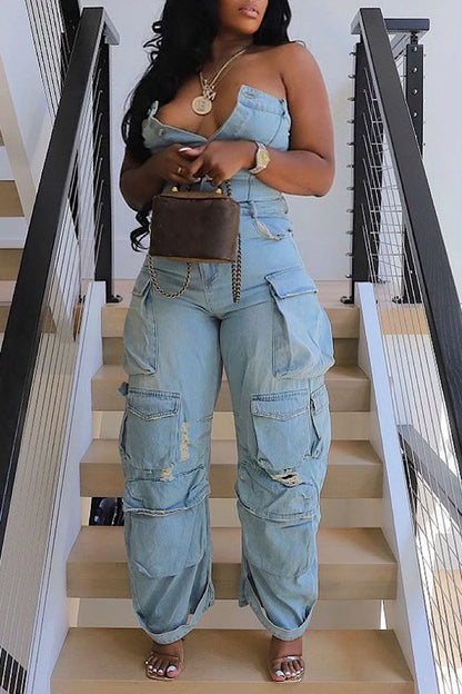 Plus Size Fashion Streetwear Denim Jumpsuit Women's Loose Pants Jumpsuit Plus Size Multi-pocket Strapless Jeans