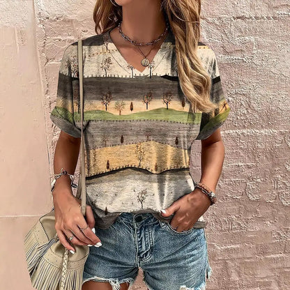 Retro Women's T-Shirt Summer V-Neck Short Sleeve Tee Casual Harajuku Stripe Print T Shirt for Women Streetwear Pullover Tops New