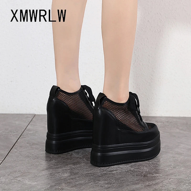 XMWRLW Breathable Mesh Women’s Platform Shoes 2023 Summer High Heels 15cm Female Sneakers Women White Black Shoes Summer Sneaker