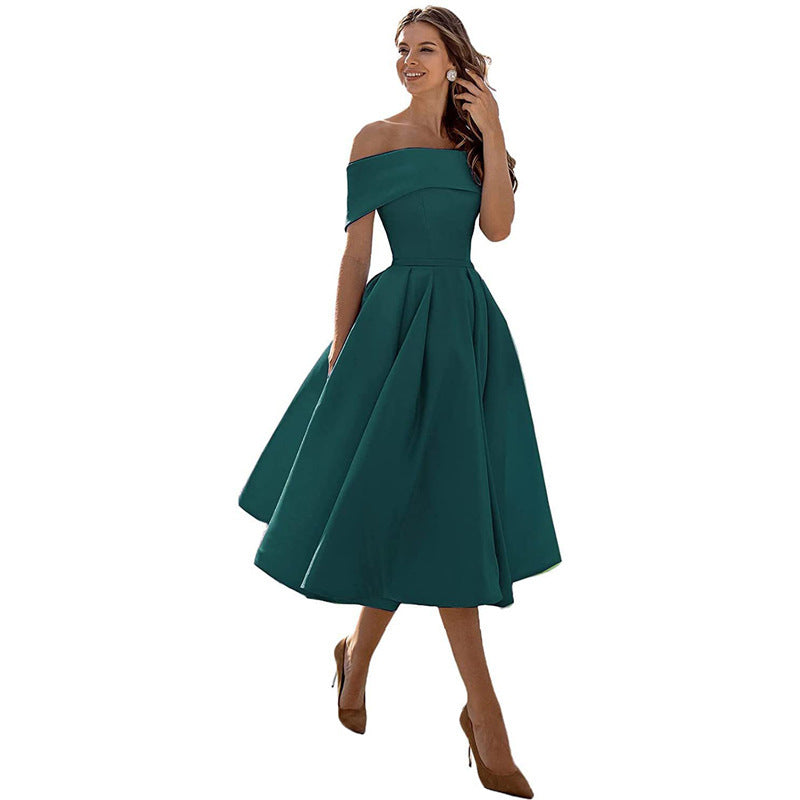 Women's Fashion Casual Strapless Satin Party Dress Off The Shoulder Tea Length Satin Prom Dresses With Pockts Formal Evening Party Dress Vibrant Vaults