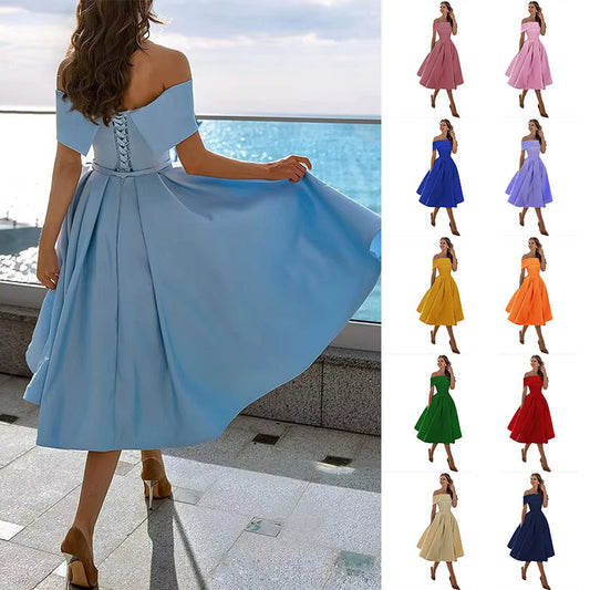 Women's Fashion Casual Strapless Satin Party Dress Off The Shoulder Tea Length Satin Prom Dresses With Pockts Formal Evening Party Dress Vibrant Vaults
