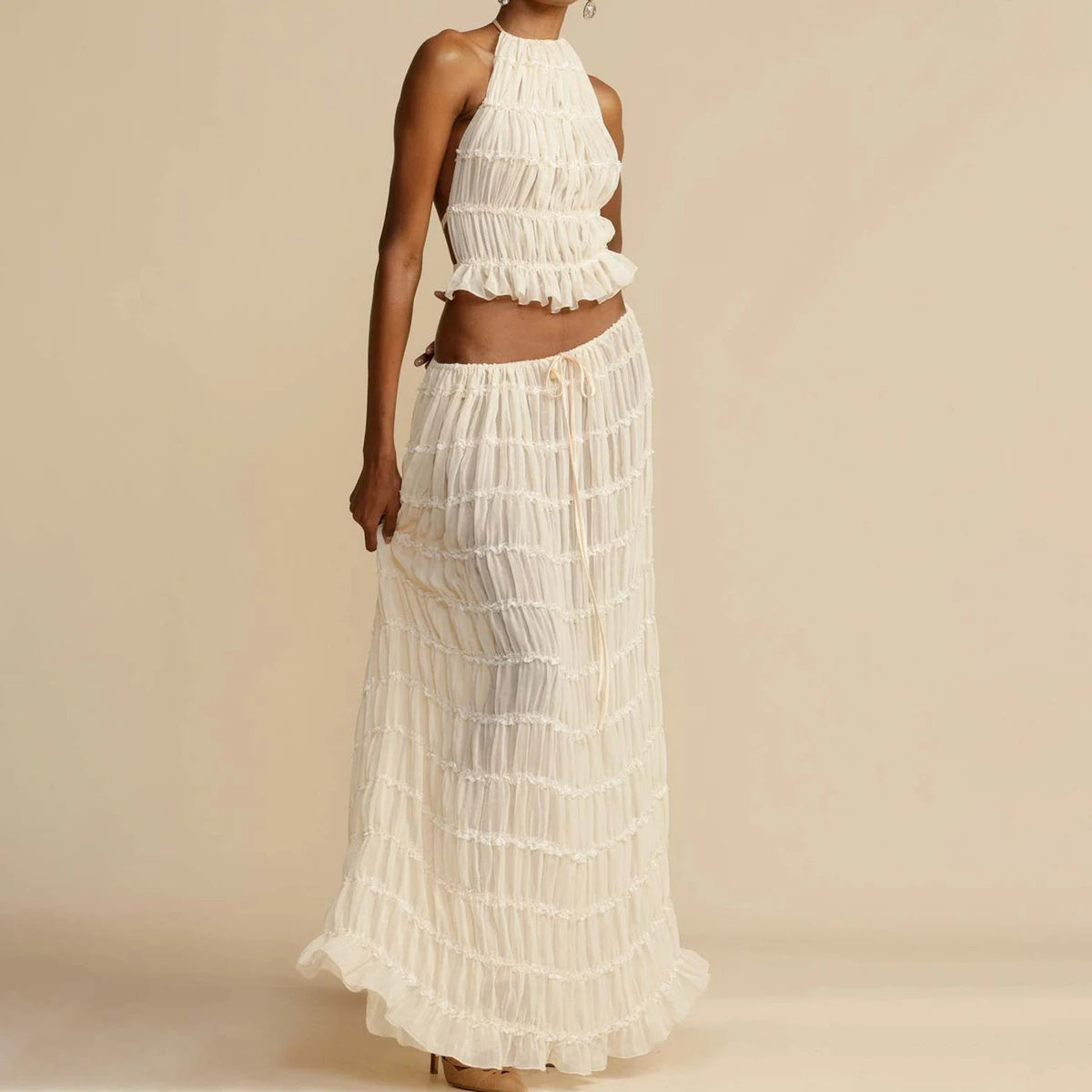 2pcs Women's Dress Suit Sexy Sleeveless Backless Cropped Halter Top And Pleated Long Skirt Beach Clothing Vibrant Vaults