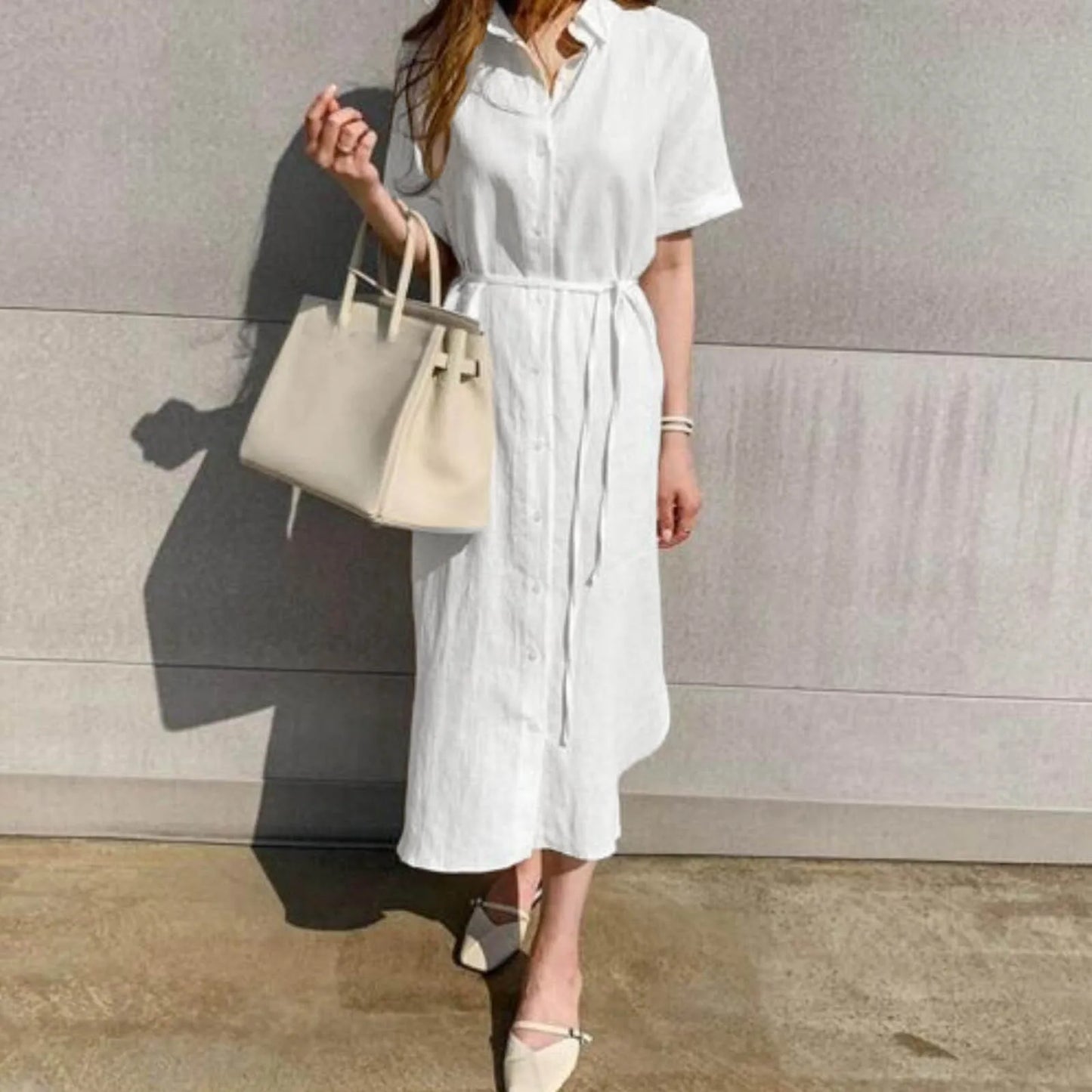 2024 Summer Cotton And Linen Korean Women's Long Dress Casual Vintage Loose Lace Waist Single-Breasted Short Sleeve Midi Dresses