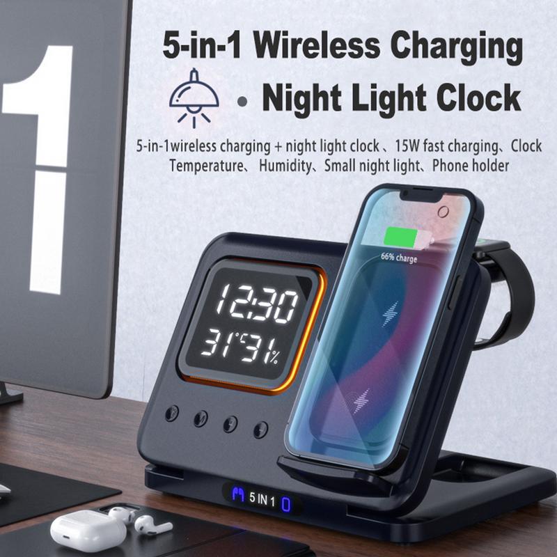 15W Wireless Chargers Stand 5 In1 LED Digital Alarm Clock Fast Charging Dock Station Vibrant Vaults