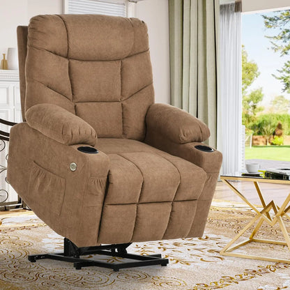 Electric Power Lift Recliner Chair for Elderly, Fabric Recliner Chair with Massage and Heat, Spacious Seat, USB Ports, Cup Holde