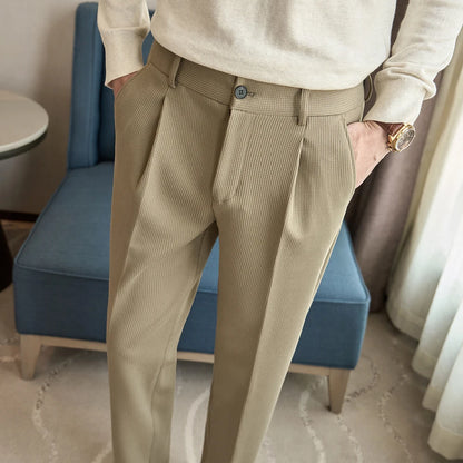 Autumn Winter Woolen Business Casual Suit Pants Men Fashion Particle Stripes Slim Fit Long Trousers Male Black Khaki Beige