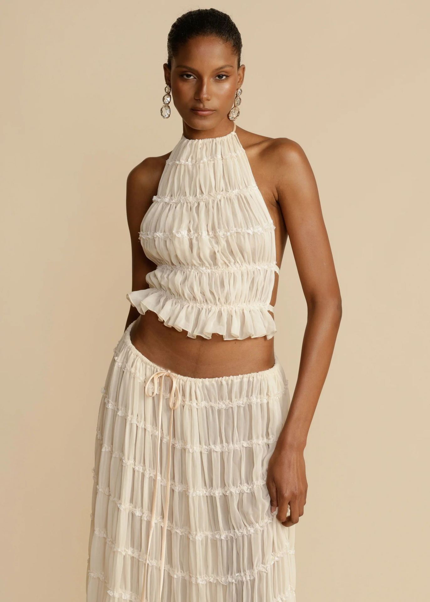 2pcs Women's Dress Suit Sexy Sleeveless Backless Cropped Halter Top And Pleated Long Skirt Beach Clothing Vibrant Vaults