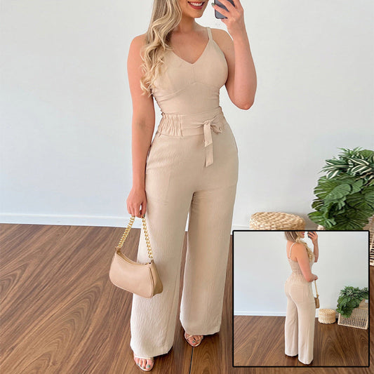 Women's Solid Color Slim Elastic Pleated Two-Piece Suit Sexy Spaghetti Strap V-neck Backless Vest High Waist Wide Leg Pants Suit Vibrant Vaults