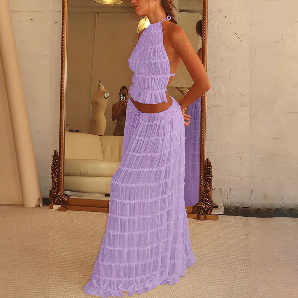 2pcs Women's Dress Suit Sexy Sleeveless Backless Cropped Halter Top And Pleated Long Skirt Beach Clothing Vibrant Vaults