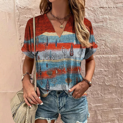 Retro Women's T-Shirt Summer V-Neck Short Sleeve Tee Casual Harajuku Stripe Print T Shirt for Women Streetwear Pullover Tops New