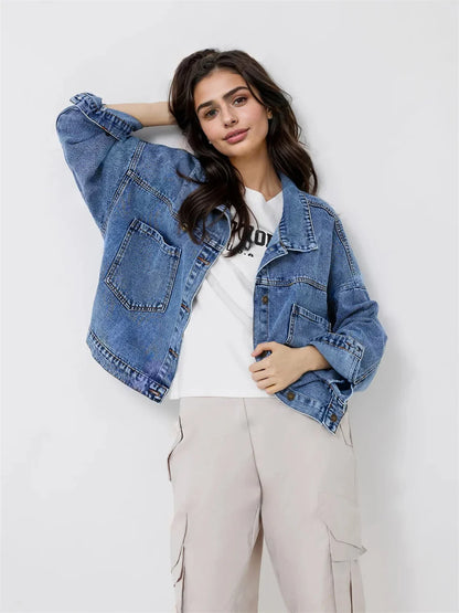 Benuynffy 2024 Autumn New Single Breasted Oversized Jeans Jacket Women's Fashion Patch Pocket Lapel Denim Coat Female Outerwear