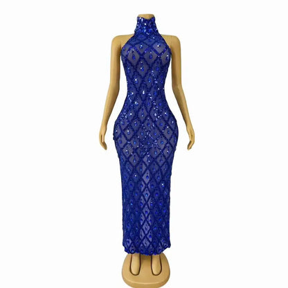 Sparkly Blue Sequins Sleeveless Birthday Dress Shiny Evening Celebrate Outfit Stretch Mesh Transparent Prom Gowns Shaokaijia