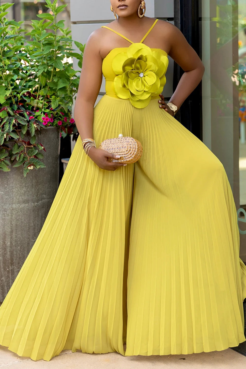 Women's Plus Size Wide Leg Jumpsuit Vacation Yellow Halter Collar 3D Pleated Chiffon Pleated Spaghetti Straps Elegant Jumpsuit 2