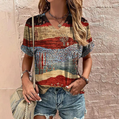 Retro Women's T-Shirt Summer V-Neck Short Sleeve Tee Casual Harajuku Stripe Print T Shirt for Women Streetwear Pullover Tops New