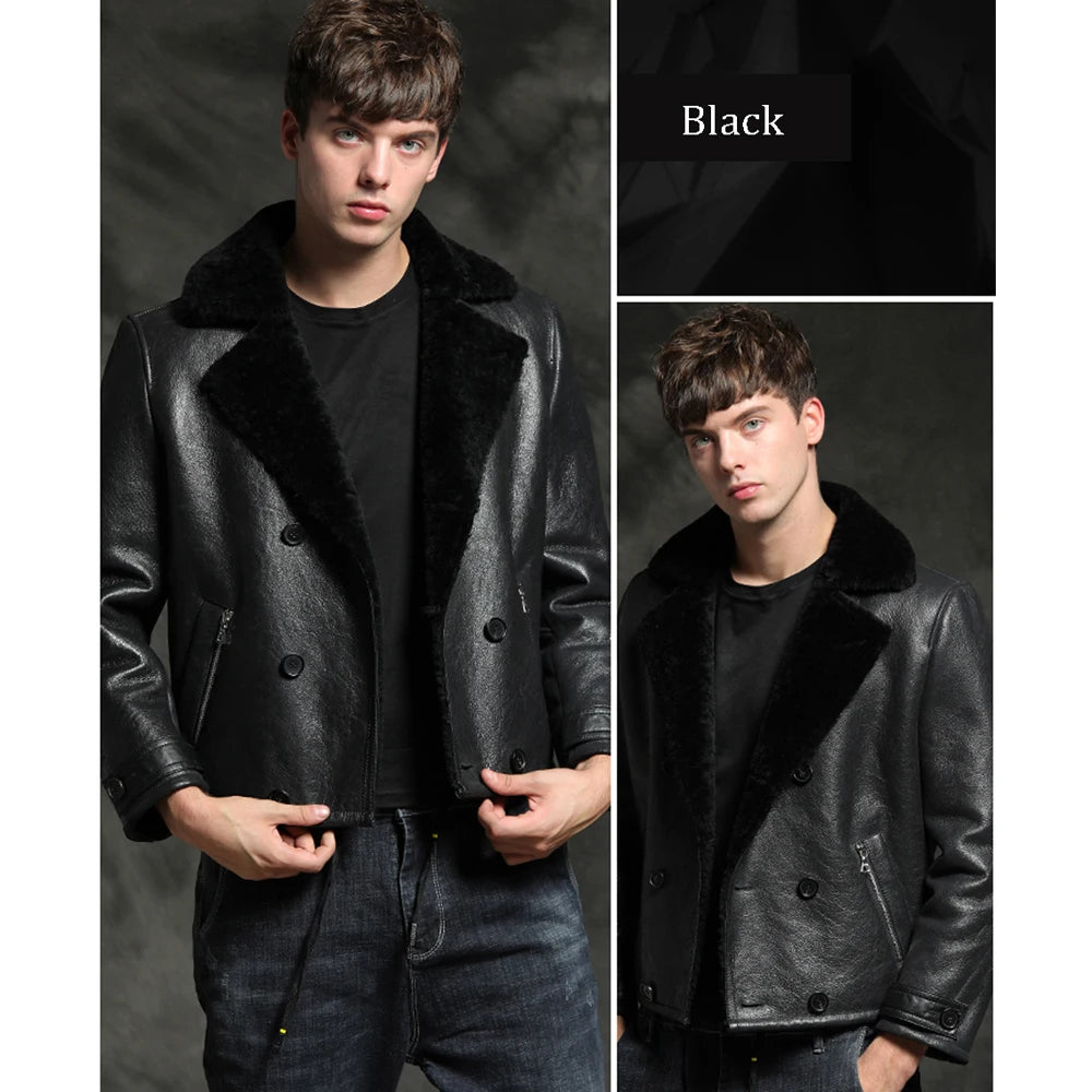 Genuine Sheepskin Fur Coat Men Short Black Natural Thicken Winter Fur Clothing Genuine Leather Formal Suit Clothes