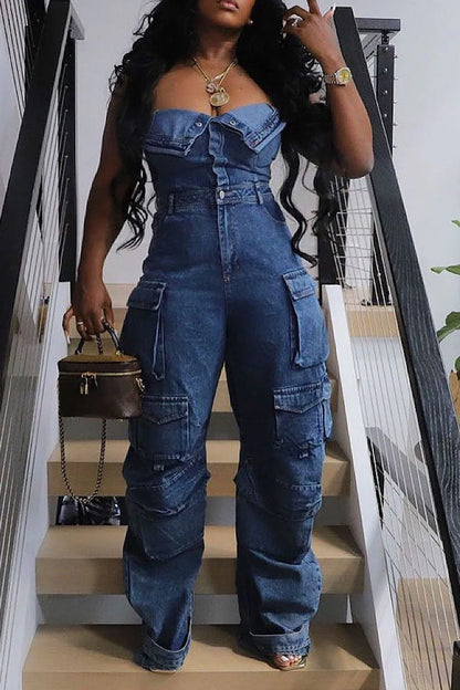 Plus Size Fashion Streetwear Denim Jumpsuit Women's Loose Pants Jumpsuit Plus Size Multi-pocket Strapless Jeans