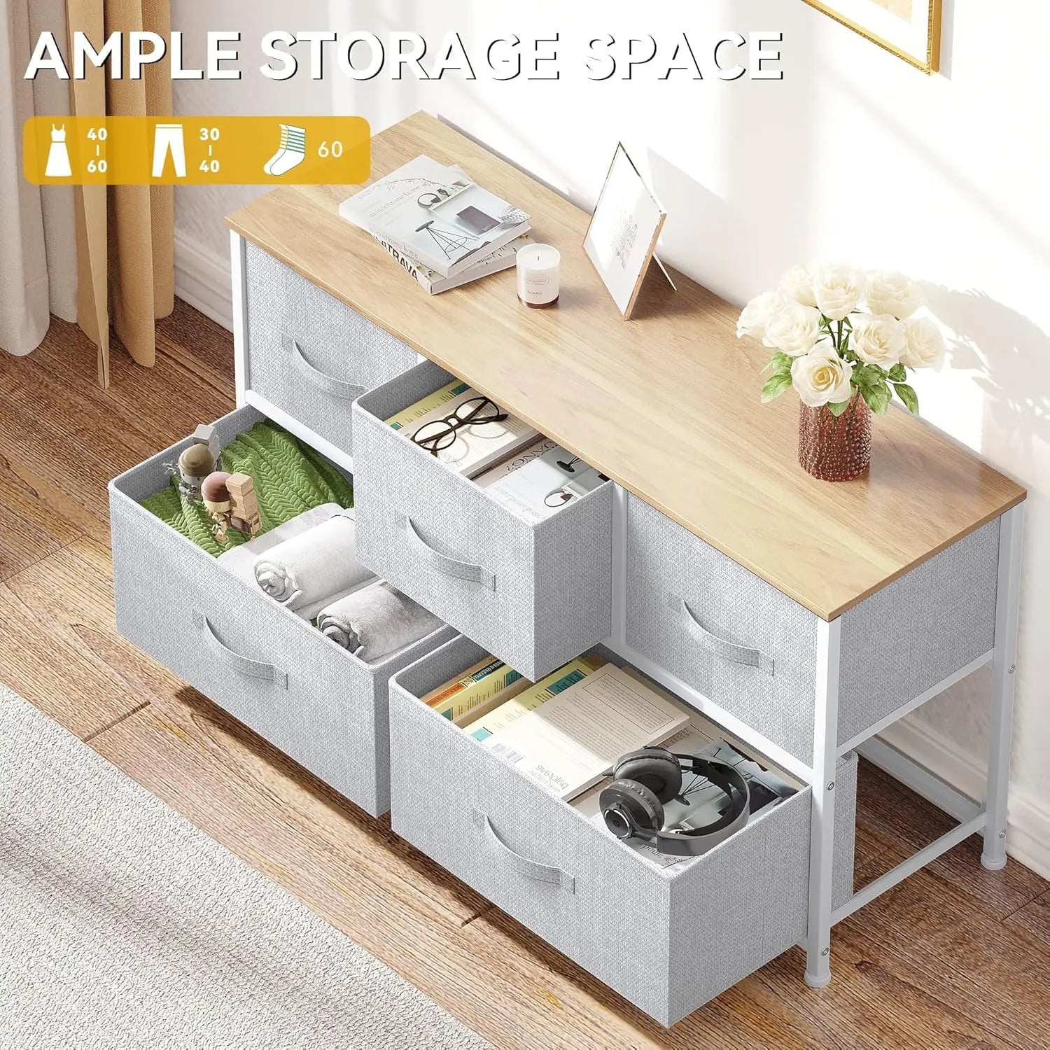 5 Fabric Dresser, Storage Dresser with 5 Drawers, Wide Dresser, Storage Tower, Chest of Drawers for Closet, Living Room Vibrant Vaults