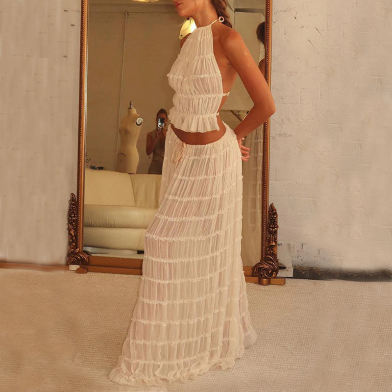2pcs Women's Dress Suit Sexy Sleeveless Backless Cropped Halter Top And Pleated Long Skirt Beach Clothing Vibrant Vaults