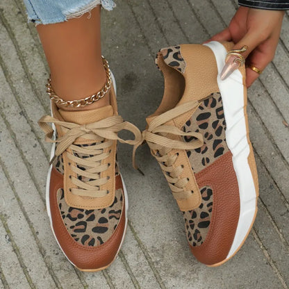 Women Casual Platform Shoes 2024 Round Toe Low-top Leopard Wedge Sneakers Women Comfortable Lace Up Outdoor Shoes for Women