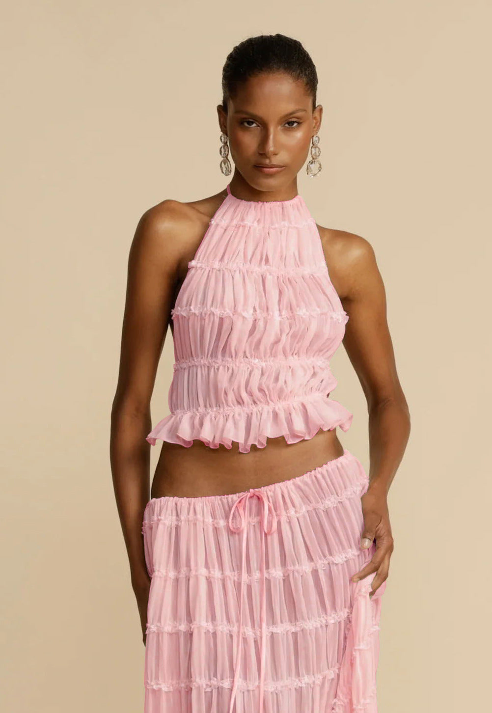 2pcs Women's Dress Suit Sexy Sleeveless Backless Cropped Halter Top And Pleated Long Skirt Beach Clothing Vibrant Vaults