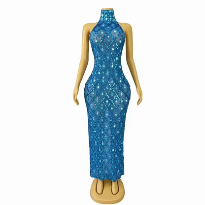 Sparkly Blue Sequins Sleeveless Birthday Dress Shiny Evening Celebrate Outfit Stretch Mesh Transparent Prom Gowns Shaokaijia